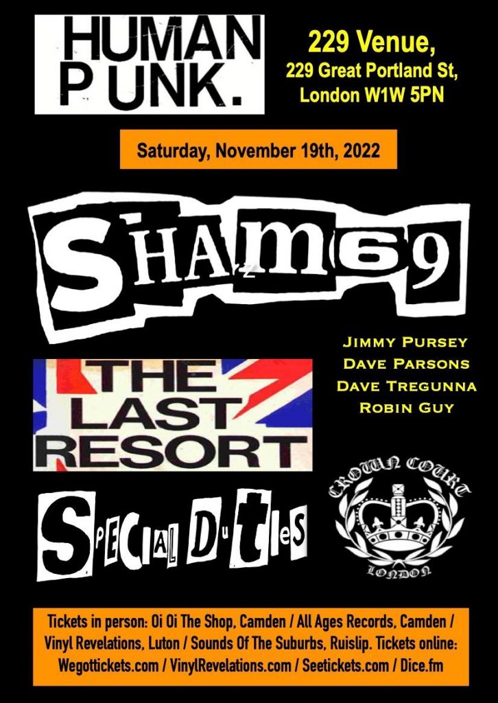 Sham 69 at 229Venue. Gig Poster Human Punk